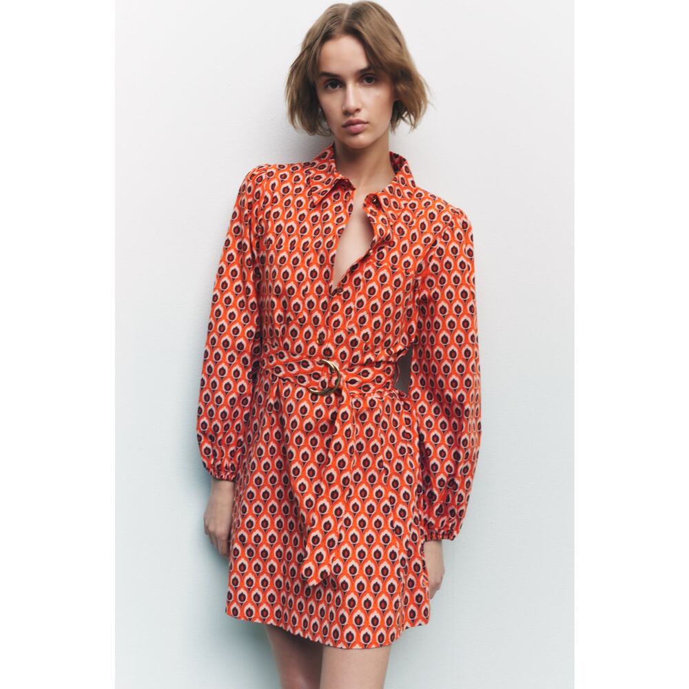 ZARA Cotton Geometric Print Belted Shirt Dress Mini NWT - Picture 11 of 16